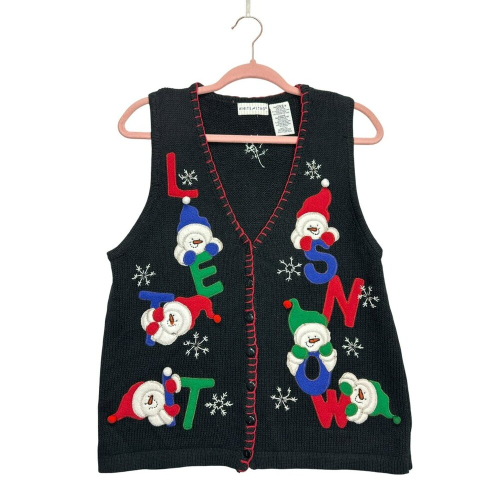 White Stag Vest Womens M Vtg 90s Christmas Let It Snow Snowman Embroidery